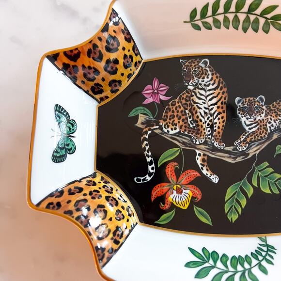 Vintage Lynn Chase 8in Jaguar Jungle Trinket Tray Octagonal Gold Trinket Black - Picture 3 of 10